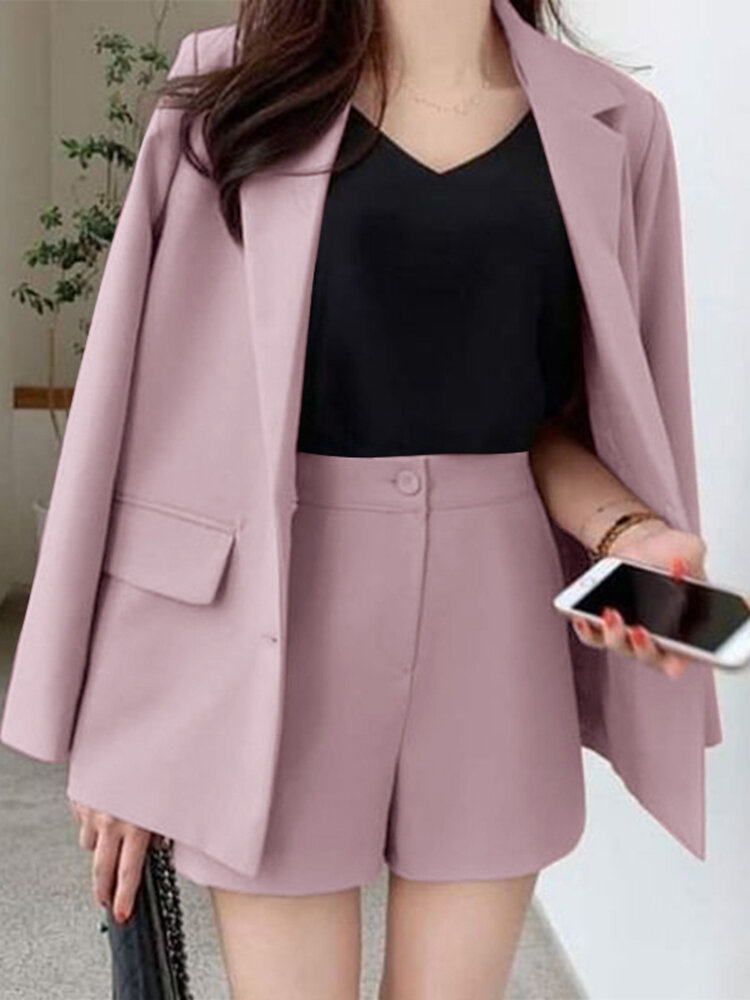 Women Solid Lapel Casual Blazer Co-ords With Shorts