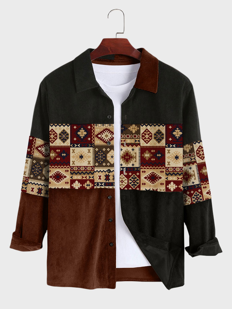 Mens Vintage Argyle Pattern Patchwork Ethnic Corduroy Long Sleeve Shirts