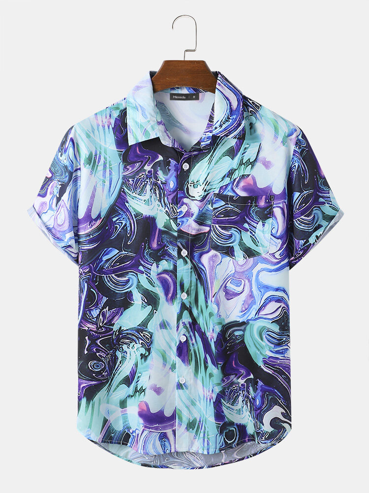 Mens Ombre Abstract Print Button Up Street Short Sleeve Shirts