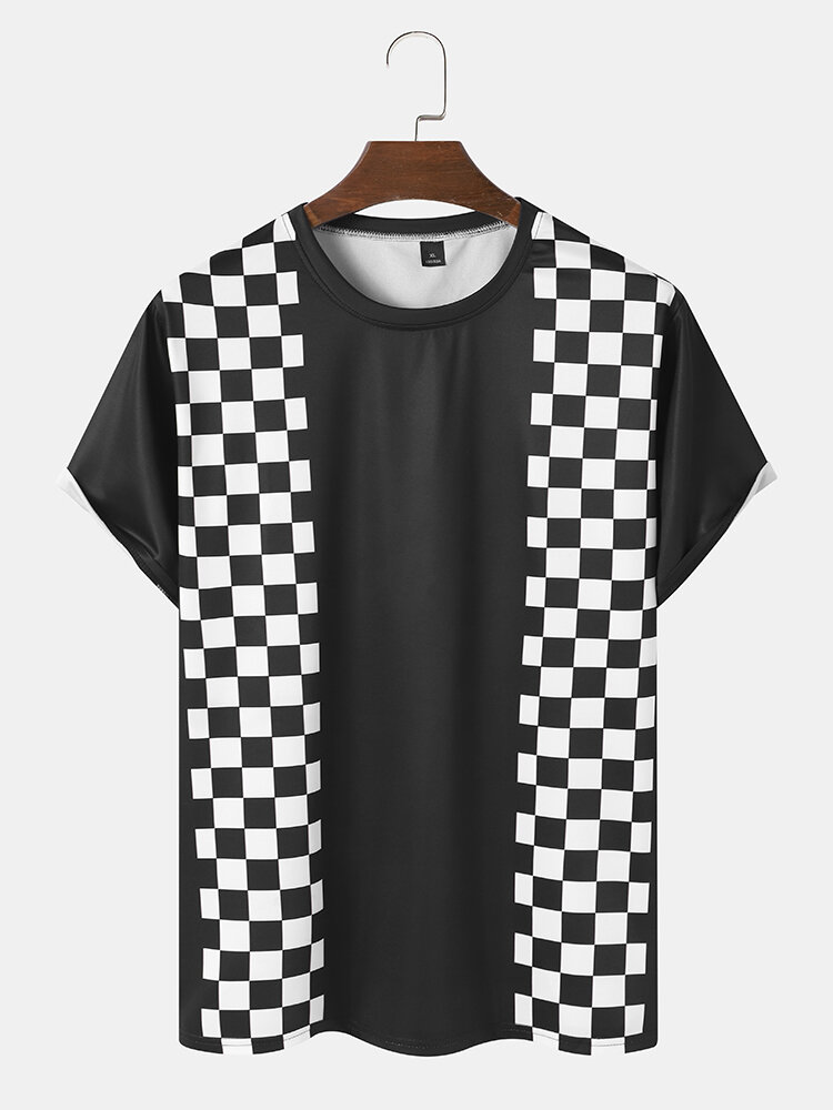 Mens Checkerboard Print Crew Neck Casual Short Sleeve T-Shirts