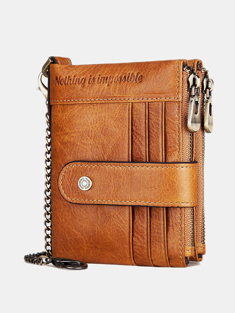Men Genuine Leather RFID Chains Multi-slots Retro Large Capacity Foldable Card Holder Coin Wallet