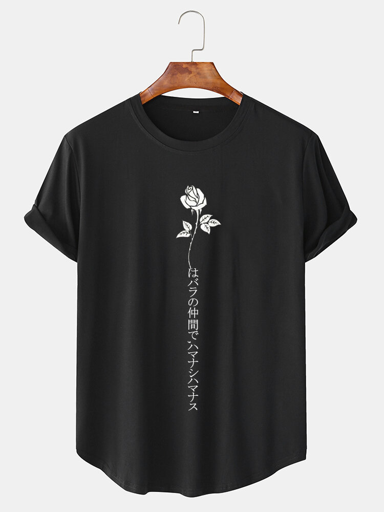 Mens Rose Japanese Print Curved Hem Short Sleeve T-Shirts