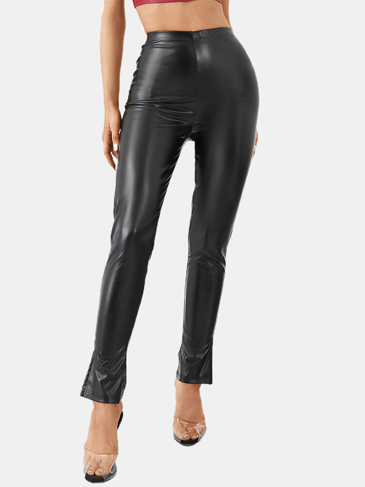 Solid Color Leather Long Base Leggings for Women