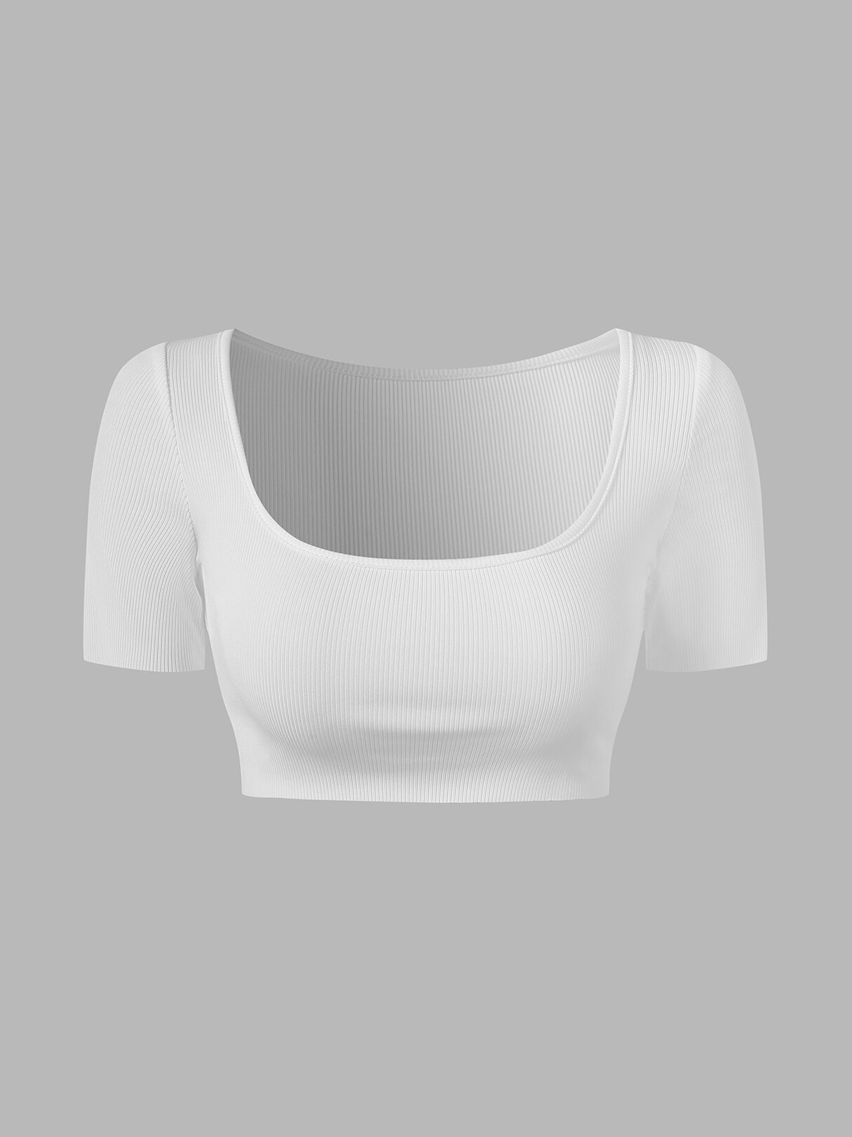 Solid Ribbed Knit Square Collar Short Sleeve Crop Top