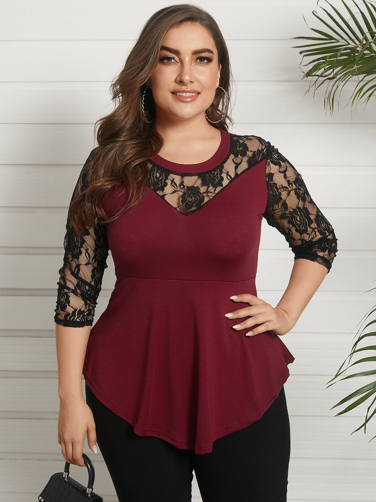 Plus Size Round Neck Lace 3/4 Length Sleeves Blouse