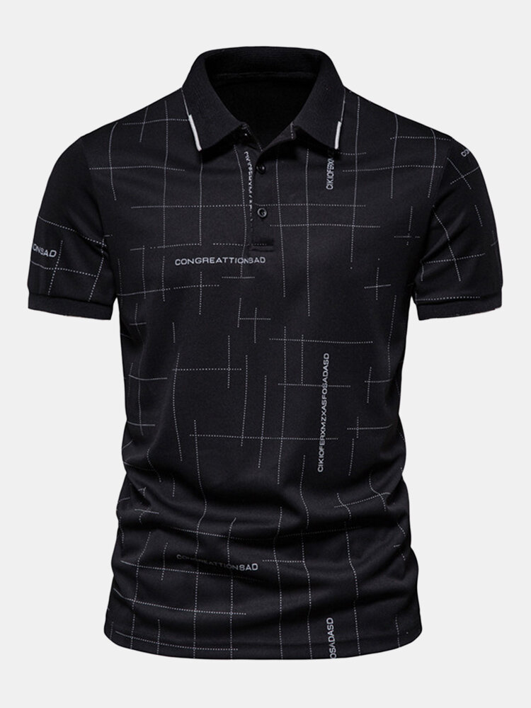 Mens Line Letter Pattern Woven Short Sleeve Golf Shirt