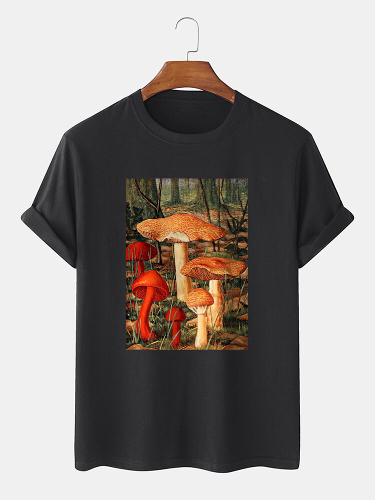 Mens Mushroom Graphic Box Print 100% Cotton O-Neck Short Sleeve T-Shirt