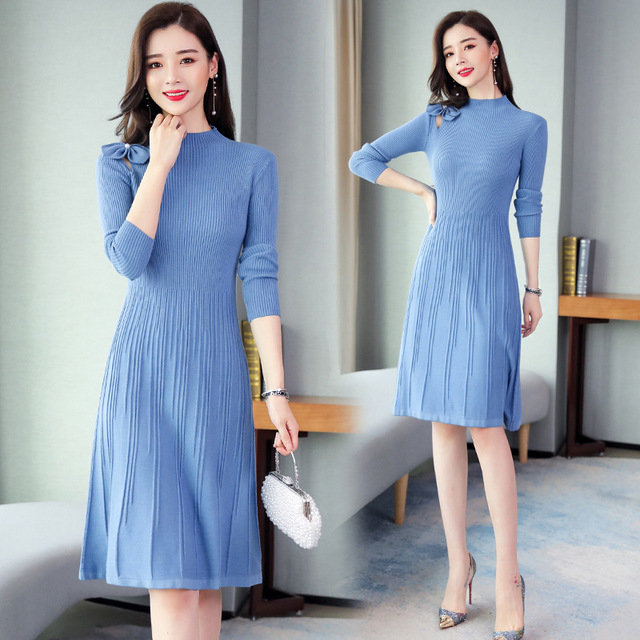 Thick Blue Temperament Elegant Women's Knitted Dress Solid Color Wild Sweater Skirt