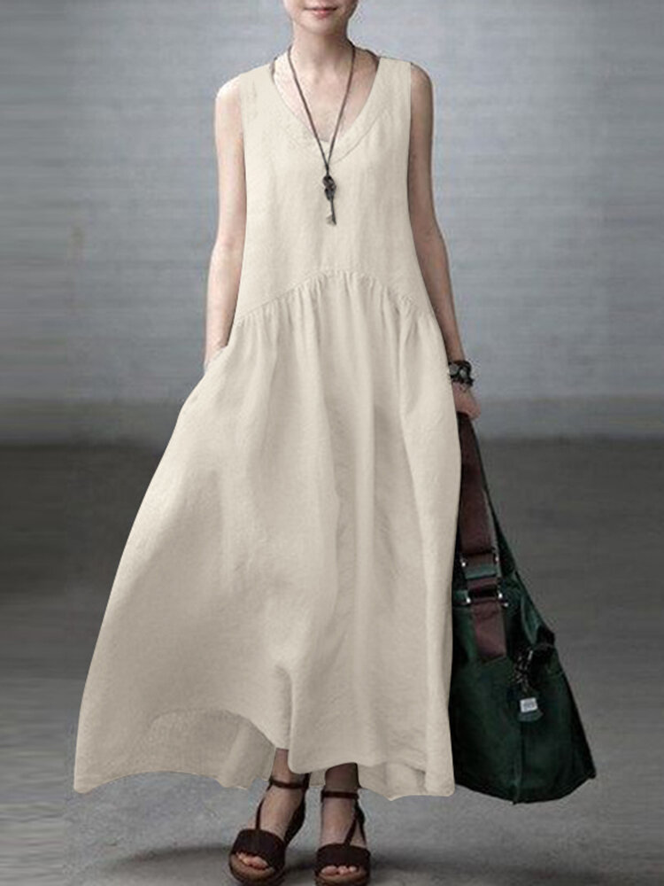 Solid V-neck A-line Sleeveless Pocket Vintage Dress