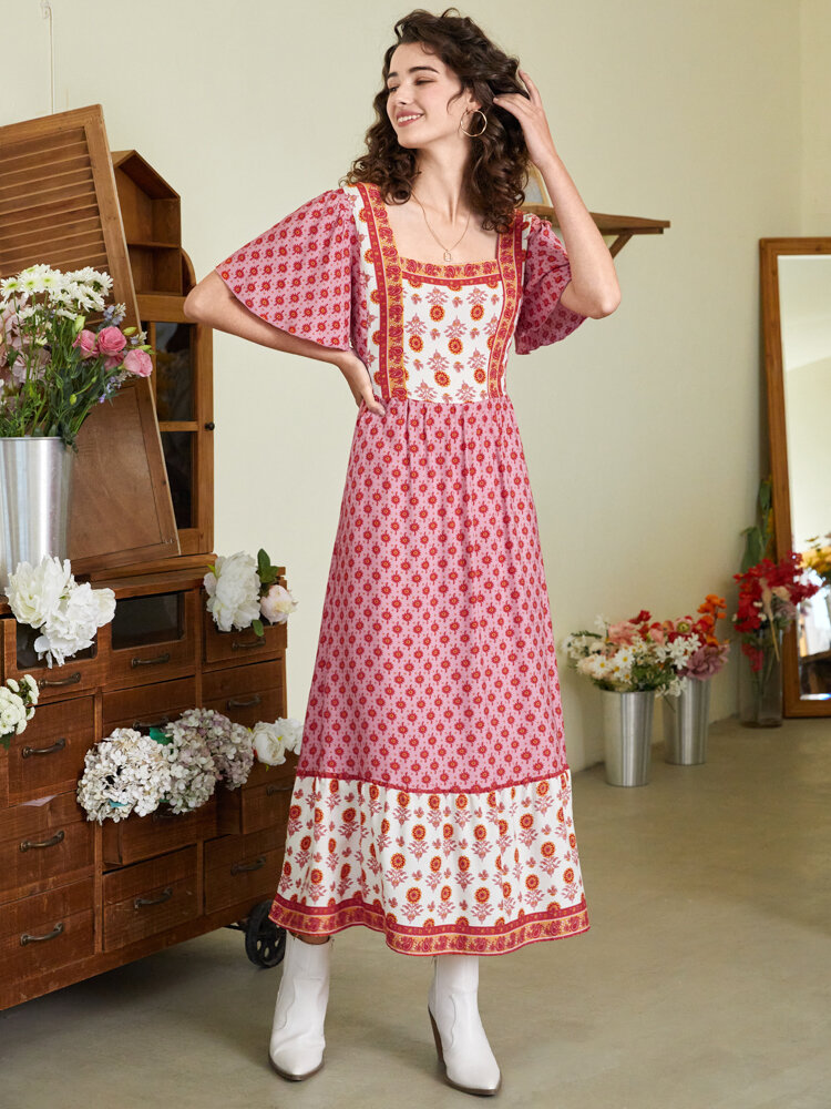 Bohemian Floral Print Square Collar Short Sleeve Maxi Dress