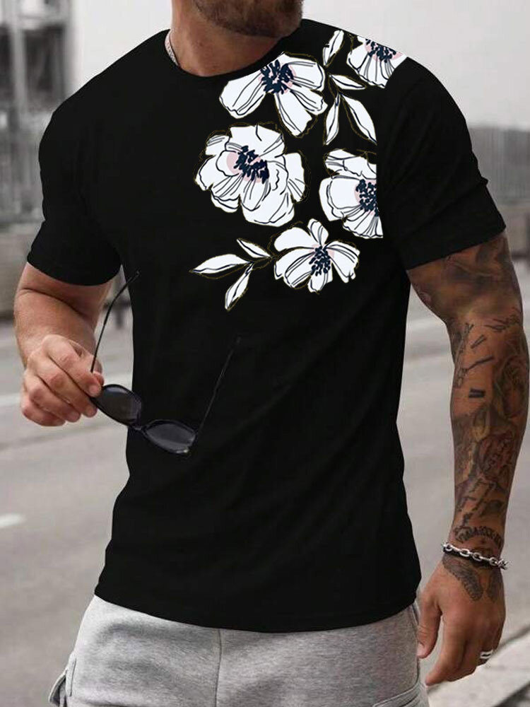 

Mens Chinese Style Floral Print Crew Neck Short Sleeve T-Shirts Winter, Black