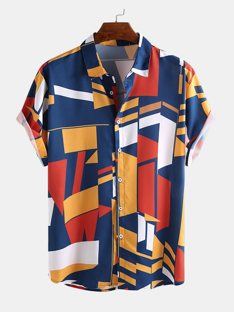 Mens Geometric Colorful Block Printed Short Sleeve Shirt
