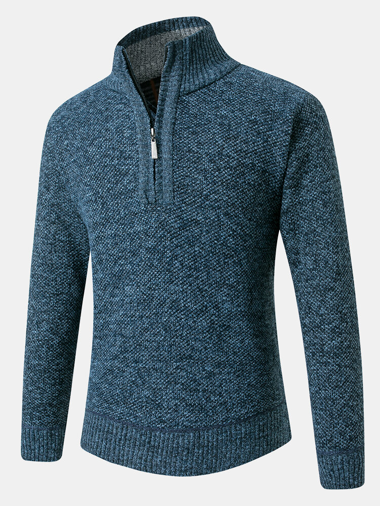 Mens Rib-Knit Half Zipper Cotton Warm Long Sleeve Casual Pullover Sweaters