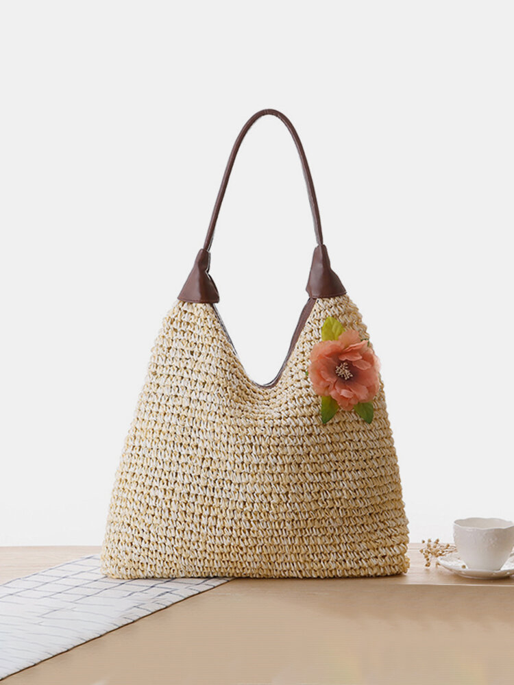 Women Straw Beach Bag Pastoral Flower Shoulder Bag Solid Tote Bag