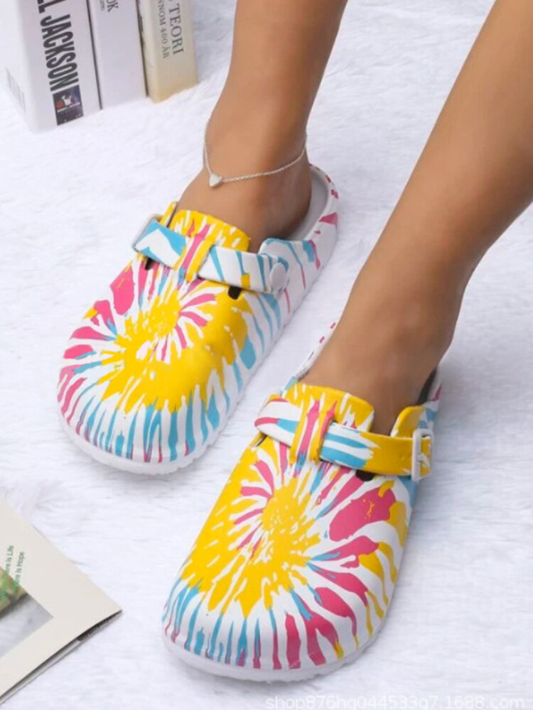 Women Summer Beach Closed Toe Slippers With Colorful Sun
