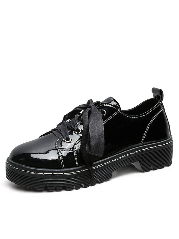 Women Casual Lace-up Comfy Round Toe Black Flat Shoes