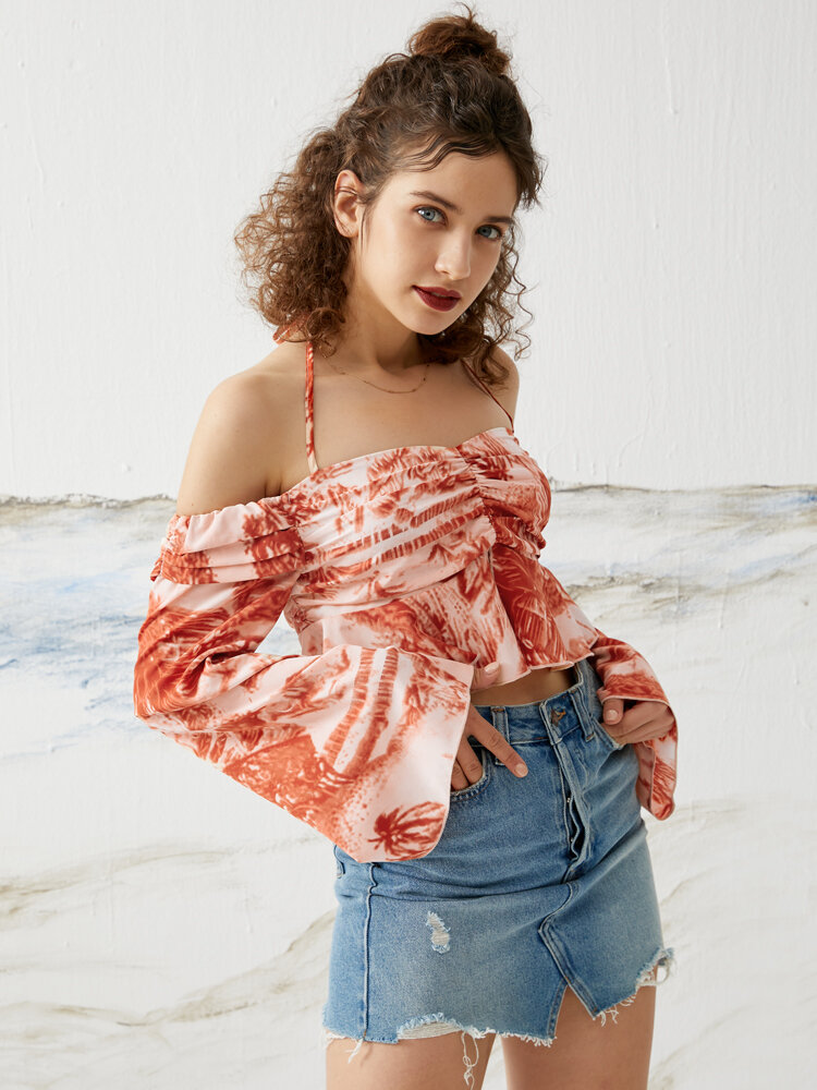 Tie Dye Halter Lace-up Ruched Long Sleeve Crop Top
