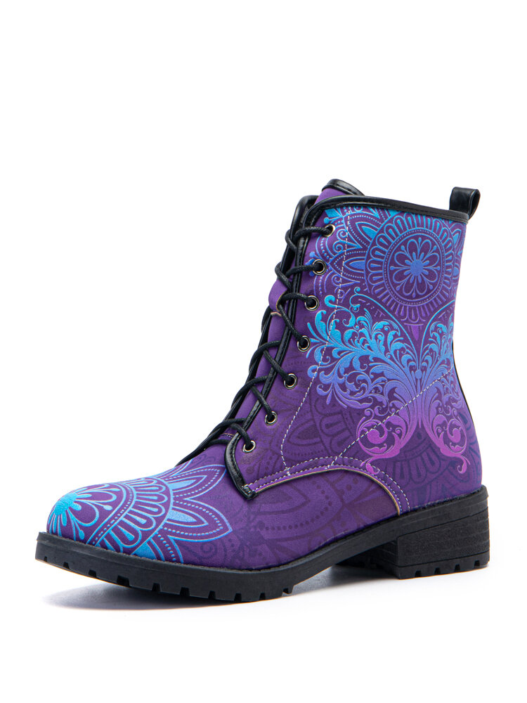 Plus Size Women Casual Butterfly Printing Lace Up Flat Combat Boots