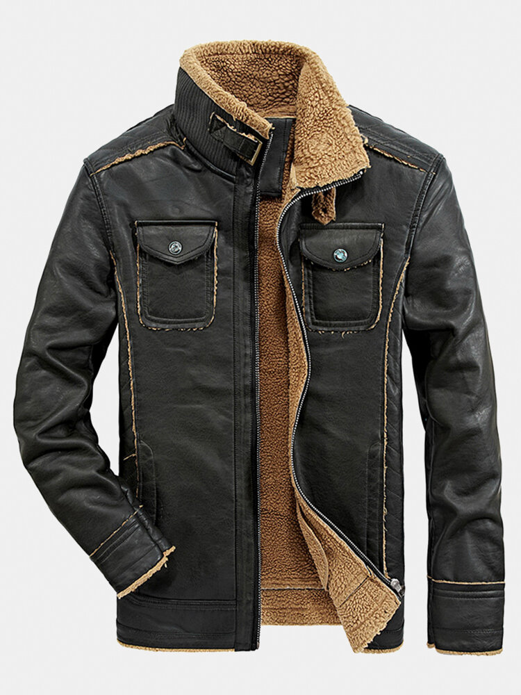 

Mens Sherpa Lined Zip Up Warm PU Biker Jacket With Pocket, Black;brown
