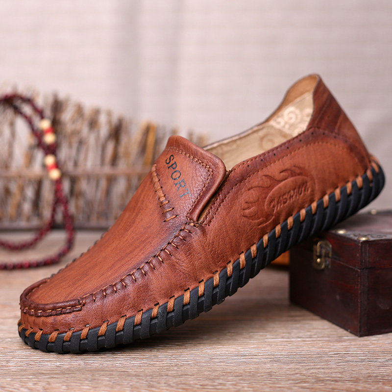 men's hand stitching stylish soft sole slip on loafers casual leather shoes