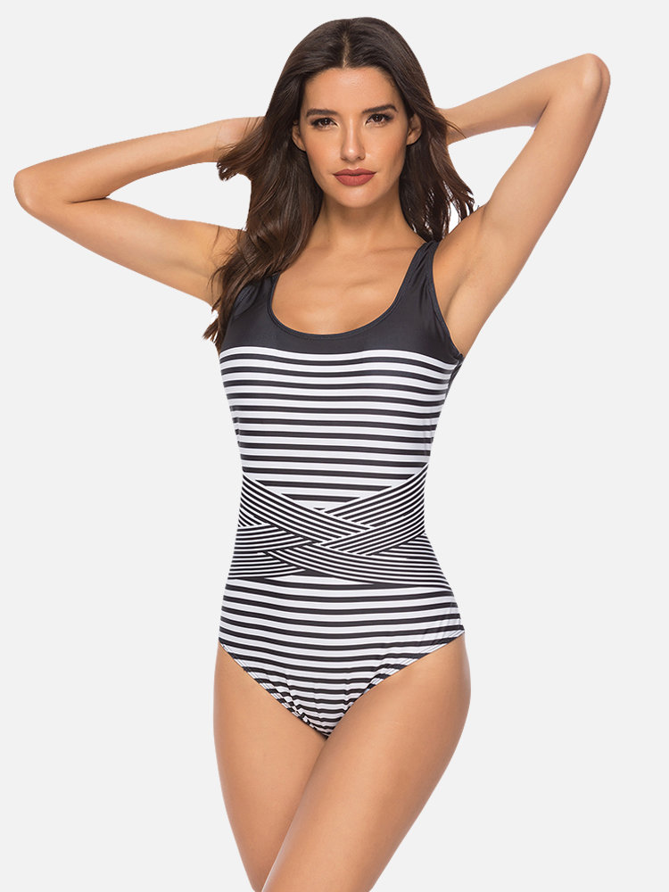 Plus Size Stripe Patchwork Criss Cross Slimming One Piece Swimwear For Women