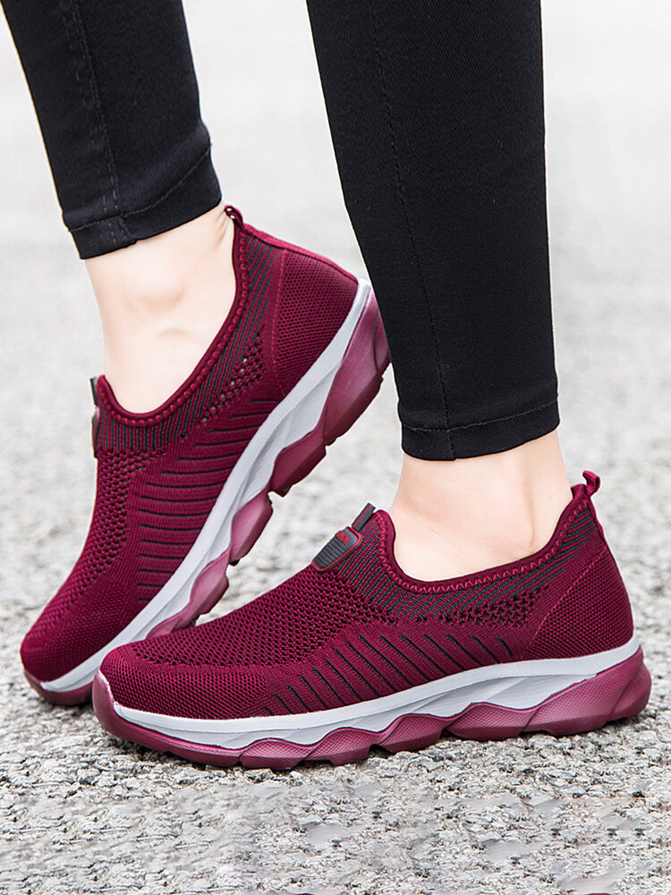 Large Size Women Elastic Slip-on Breathable Mesh Fabric Soft Comfy Walking Shoes