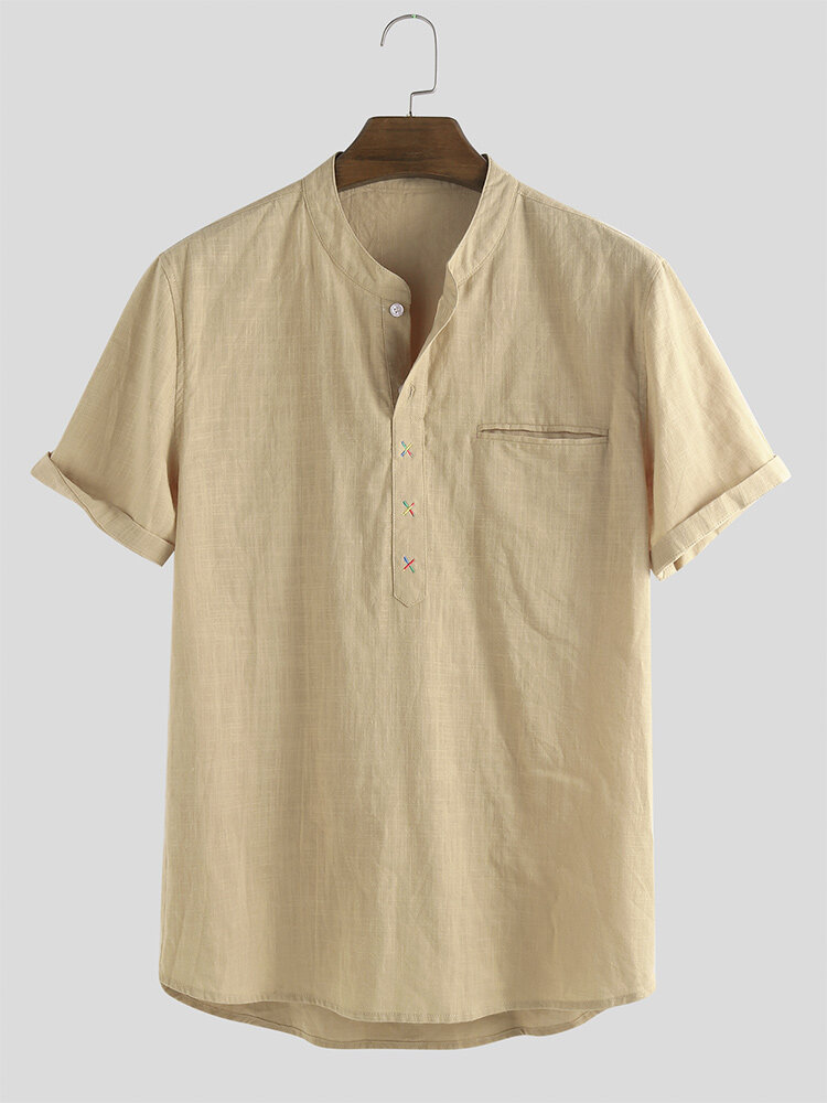 Mens 100% Cotton Breathable Short Sleeve Summer Plain Loose Casual Henley Shirt