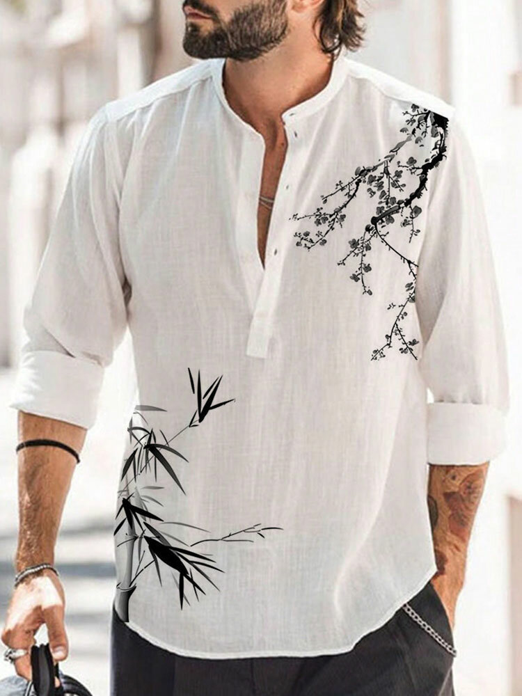 Camisas henley de medio botón con estampado de tinta de bambú floral chino para hombre