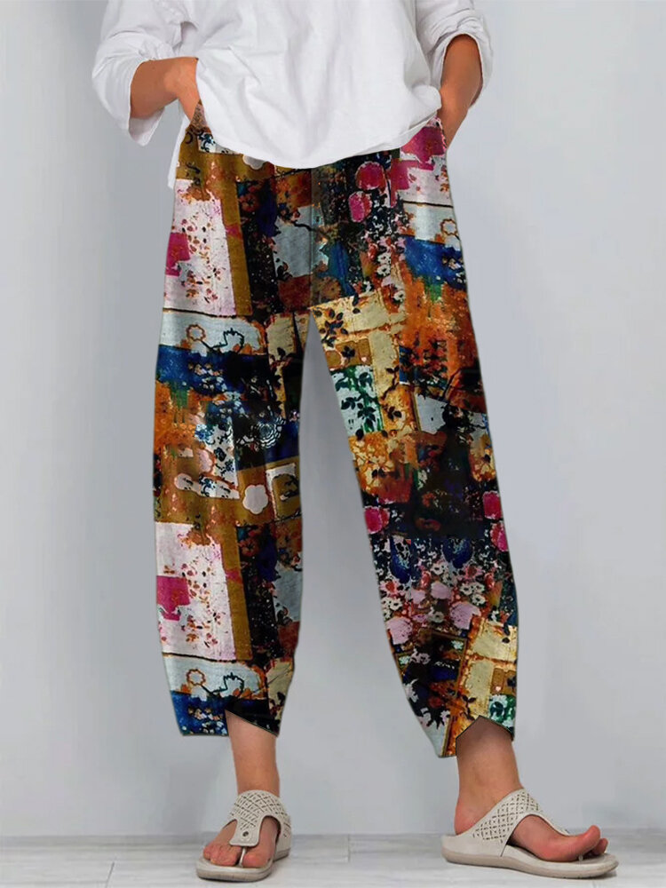 Patchwork Printed Elastic Waist Casual Pants For Women