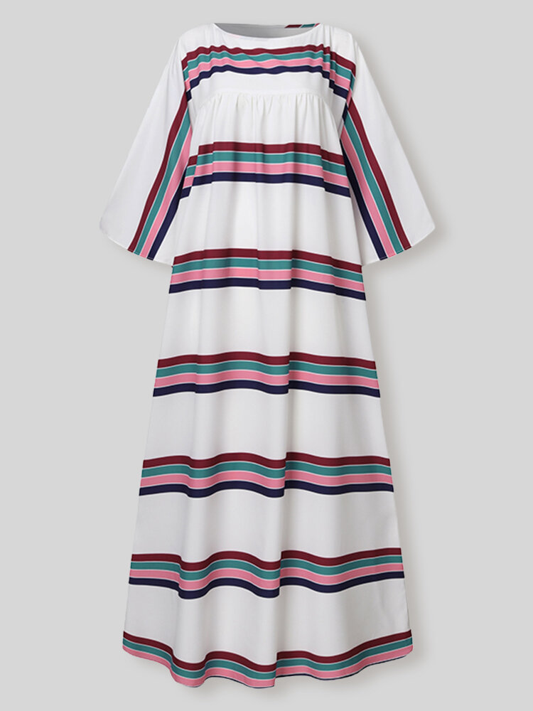 Multi-color Stripe O-neck Half Sleeve Print Dress For Women