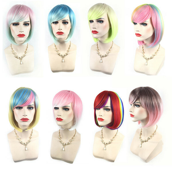 

Gradient Colorful Short Straight Bob Cosplay Synthetic Wigs High Temperature Fiber Hair For Women
