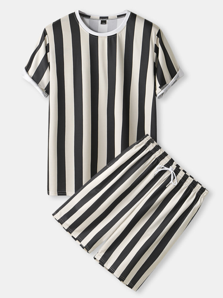 Mens Striped Print Crew Neck T-Shirt & Drawstring Shorts Holiday Co-ords