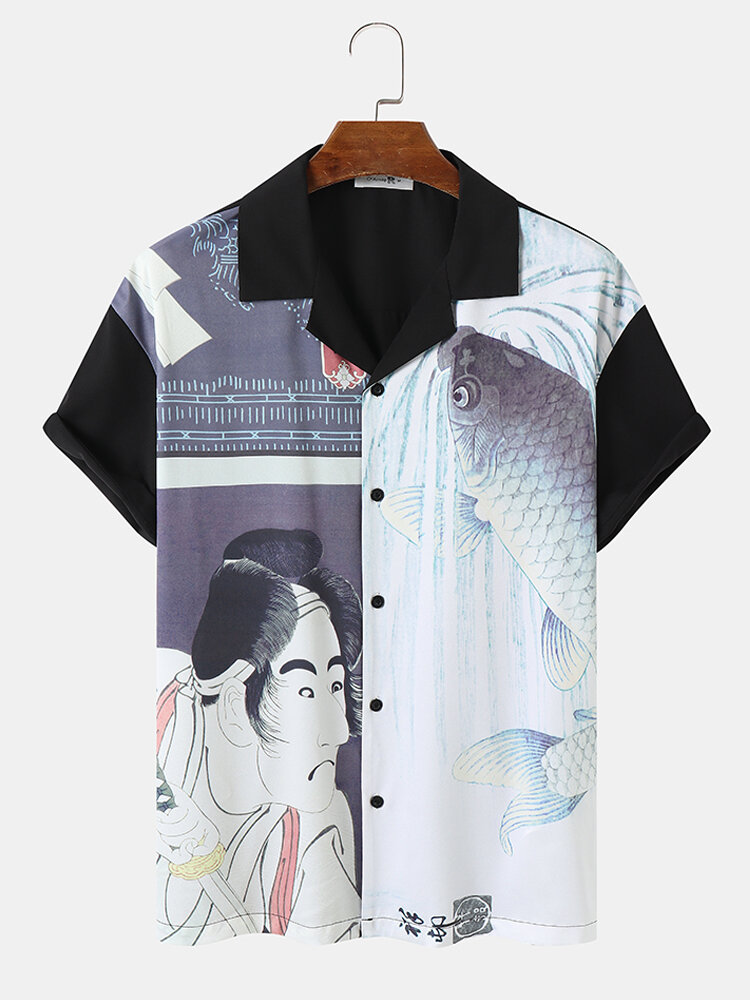 Mens Figure & Fish Print Lifeful Short Sleeve All Matched Shirts