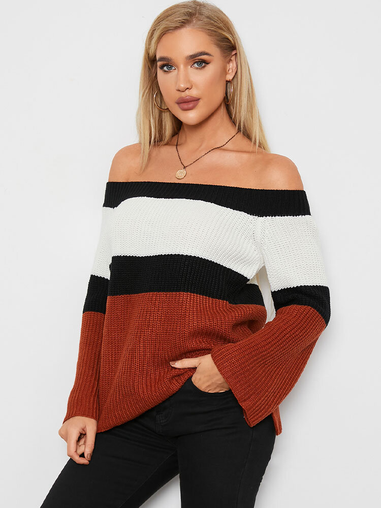 Contrast Color Off-shoulder Long Sleeve Sweater For Women
