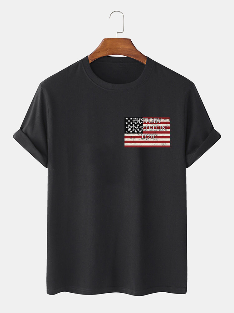 Mens American Flags Pattern Short Sleeve 100% Cotton Basic T-shirts