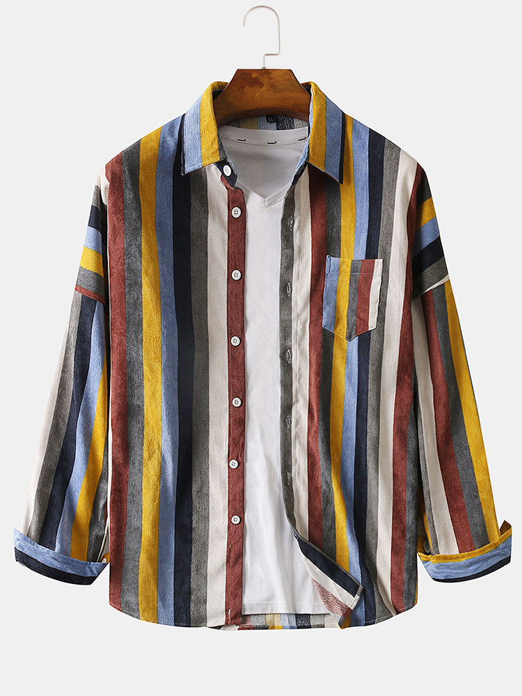 Mens Brief Style Color Stripe Corduroy Casual Long Sleeve Shirts