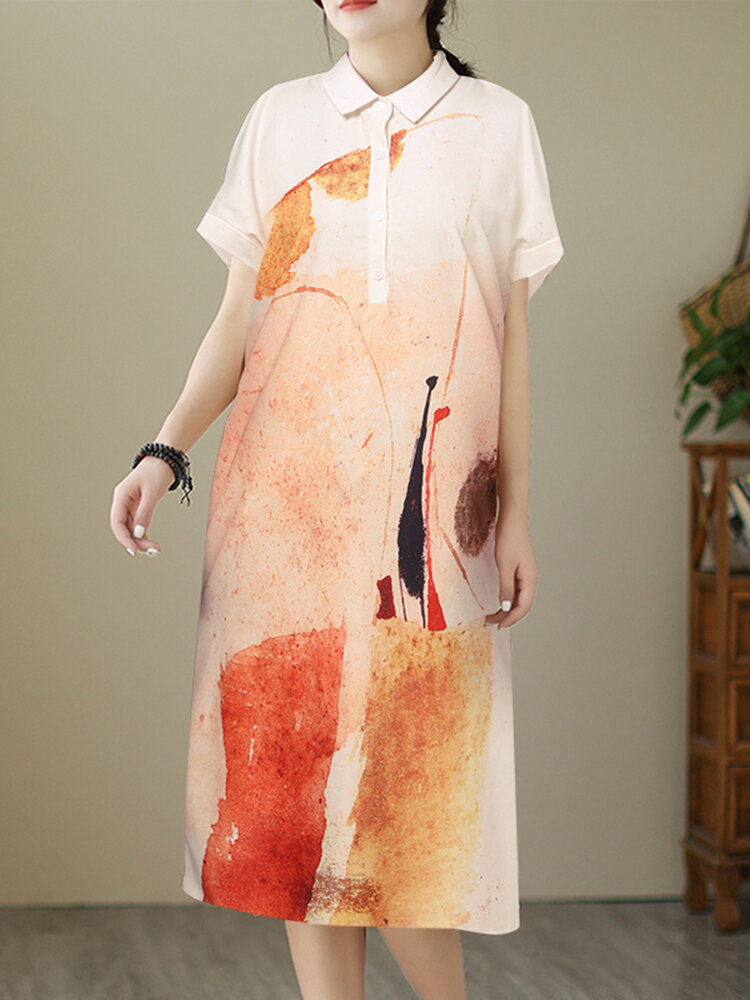Vestido feminino manga curta lapela com estampa mesclada