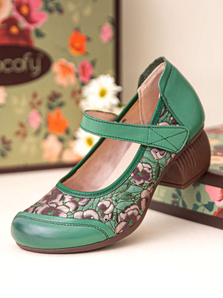 SOCOFY Leather Round Toe Printing Chunky Heel Vintage Shoes