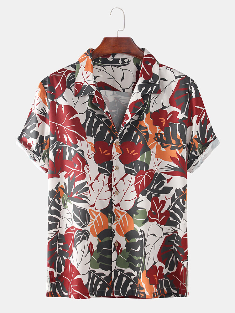 

Mens Tropical Plant Leaves Printed Holiday Causal Short Sleeve Floral Shirt, Wine red
