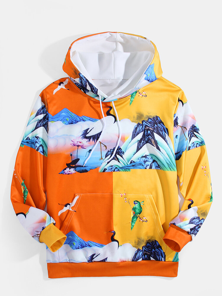 Mens Painting Print Contrast Color Drawstring Pullover Casual Hoodie