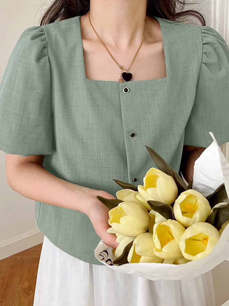 Однотонная блузка с пуговицами спереди и квадратным воротником с пышными рукавами