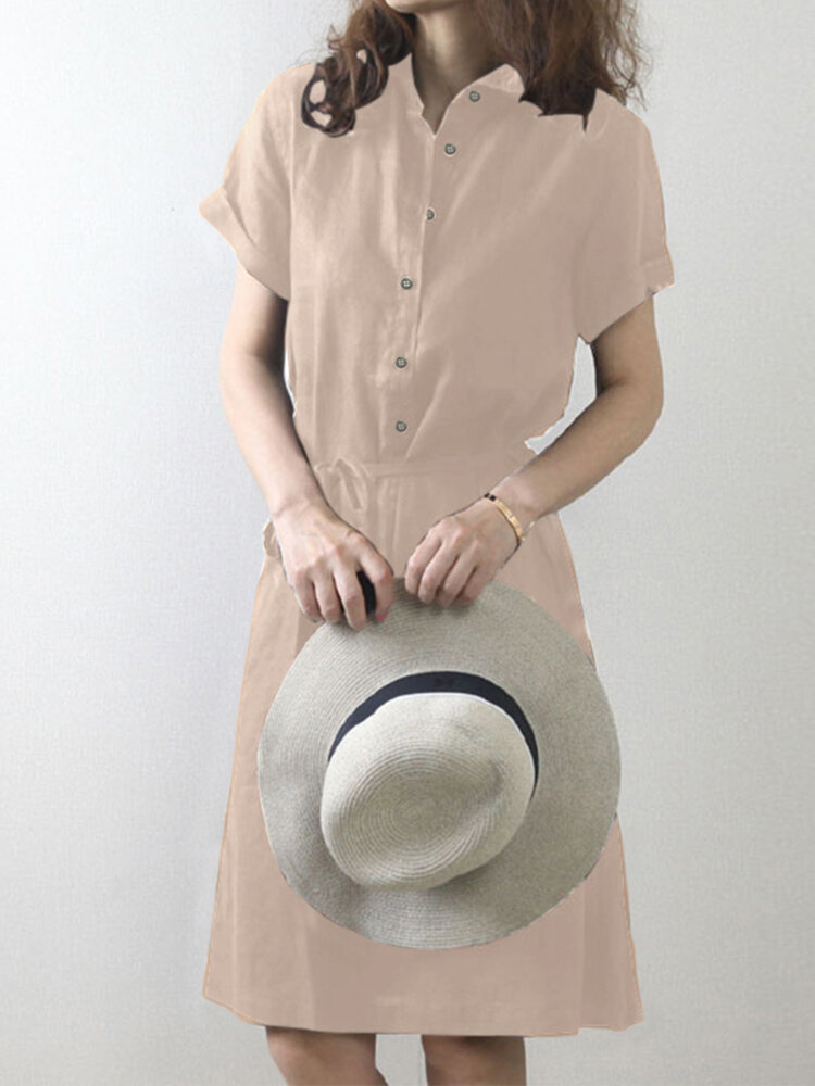 Solid Button Front Lapel Short Sleeve Dress With Belt