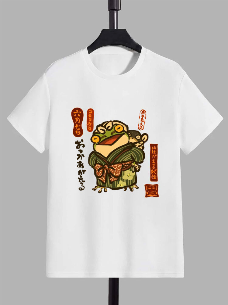 Mens Japanese Cartoon Frog Print Crew Neck Short Sleeve T-Shirts Winter