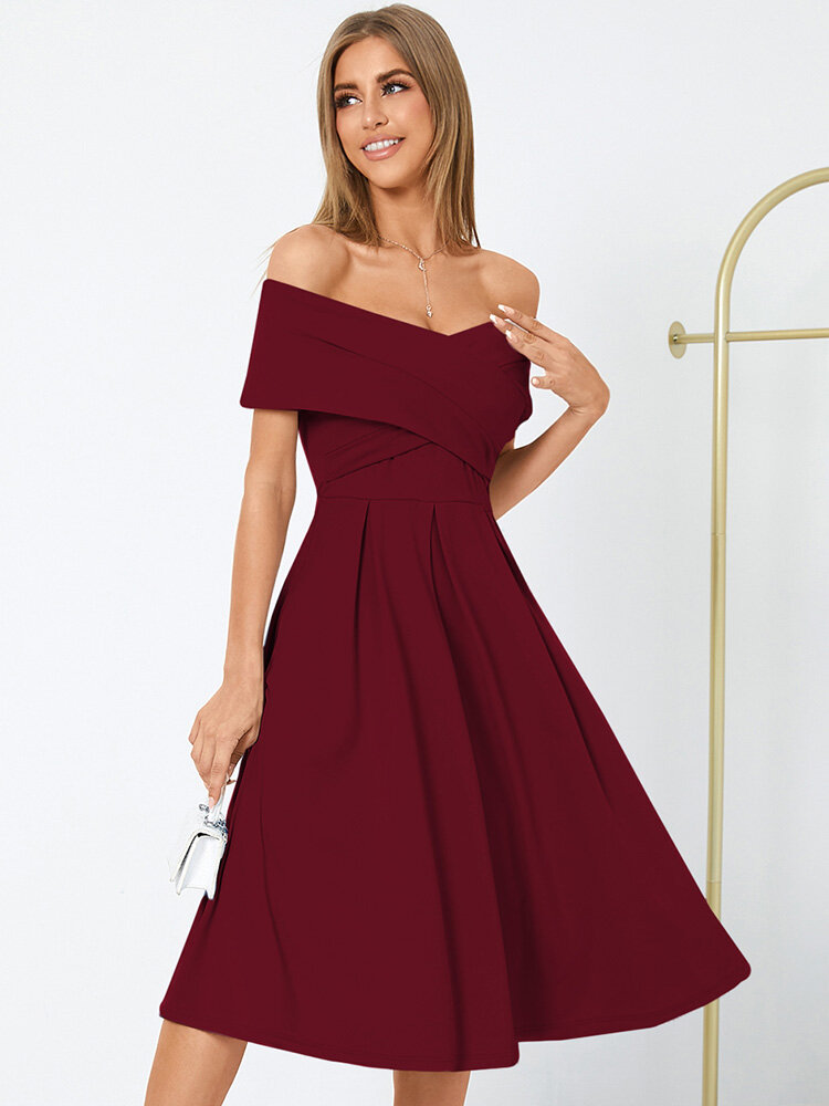 Dreamy Date Night Solid Overlay Off The Shoulder Pleated Dress
