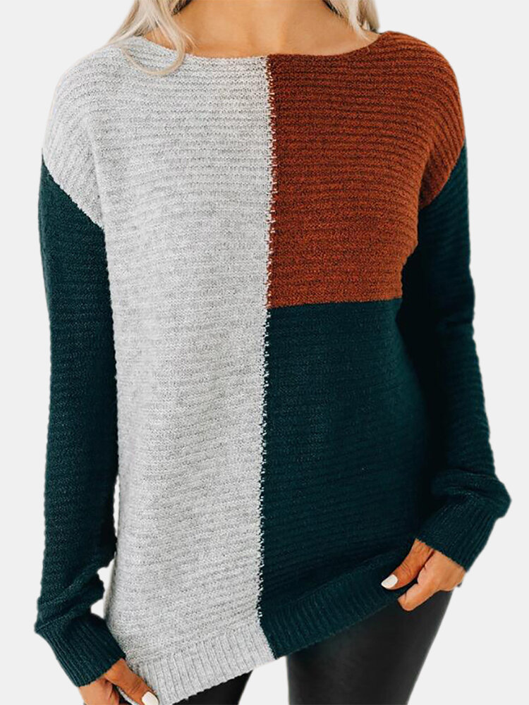 Contrast Color Patchwork O-neck Casual Sweater For Women