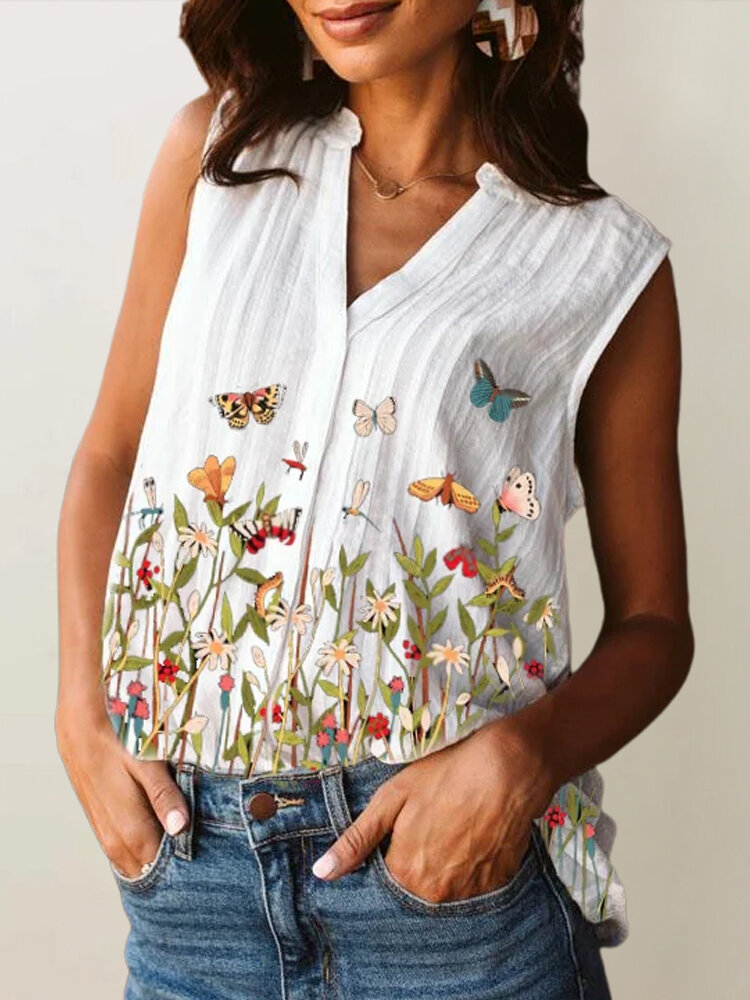 

Butterflies Flowers Print V-neck Casual Plus Size Tank Top, White
