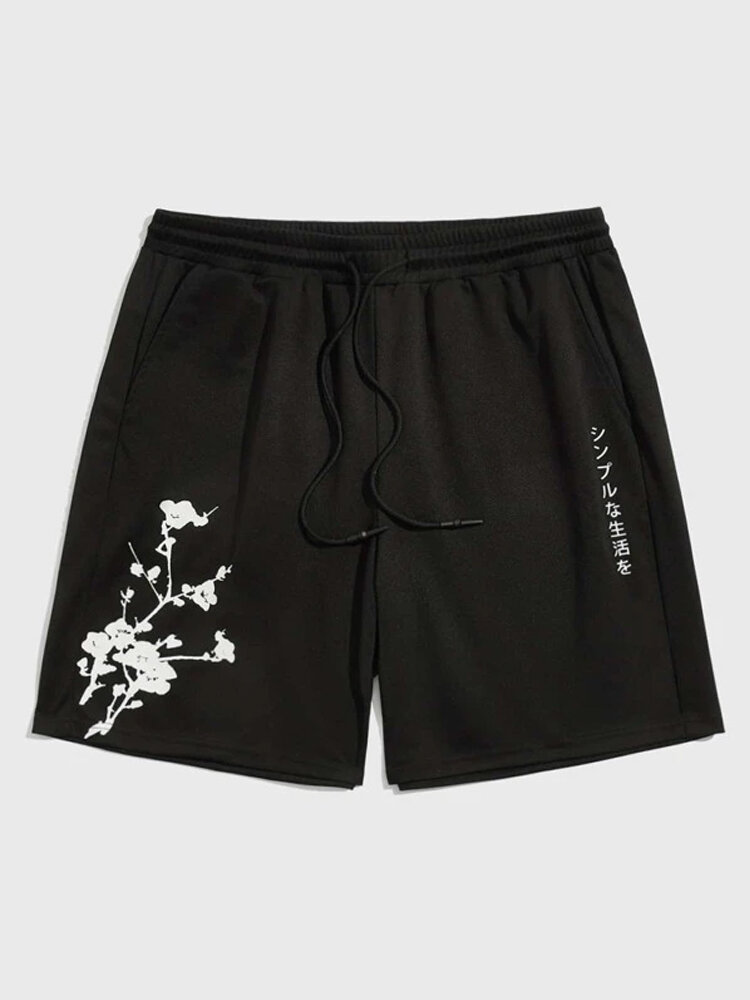 Mens Floral Japanese Print Loose Drawstring Shorts With Pocket