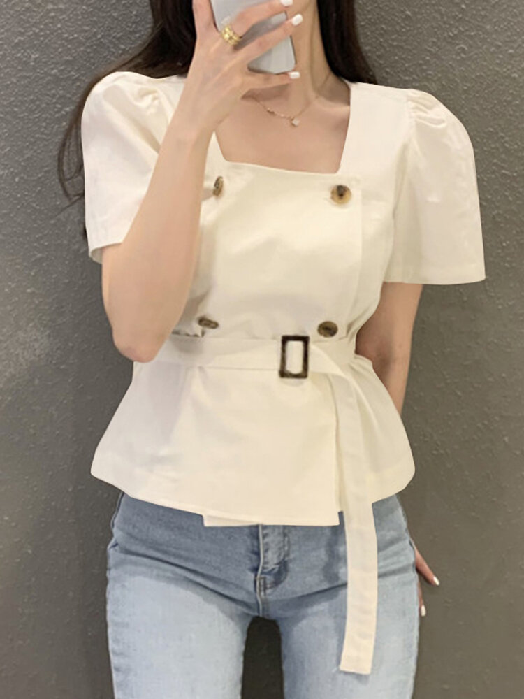 Solid Square Collar Short Sleeve Double Breasted Blouse