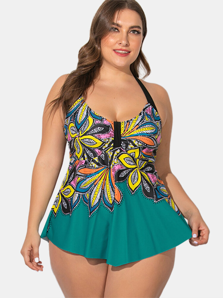 Plus Size Tankinis Print Halter Backless Cover Belly Swimwear For Women