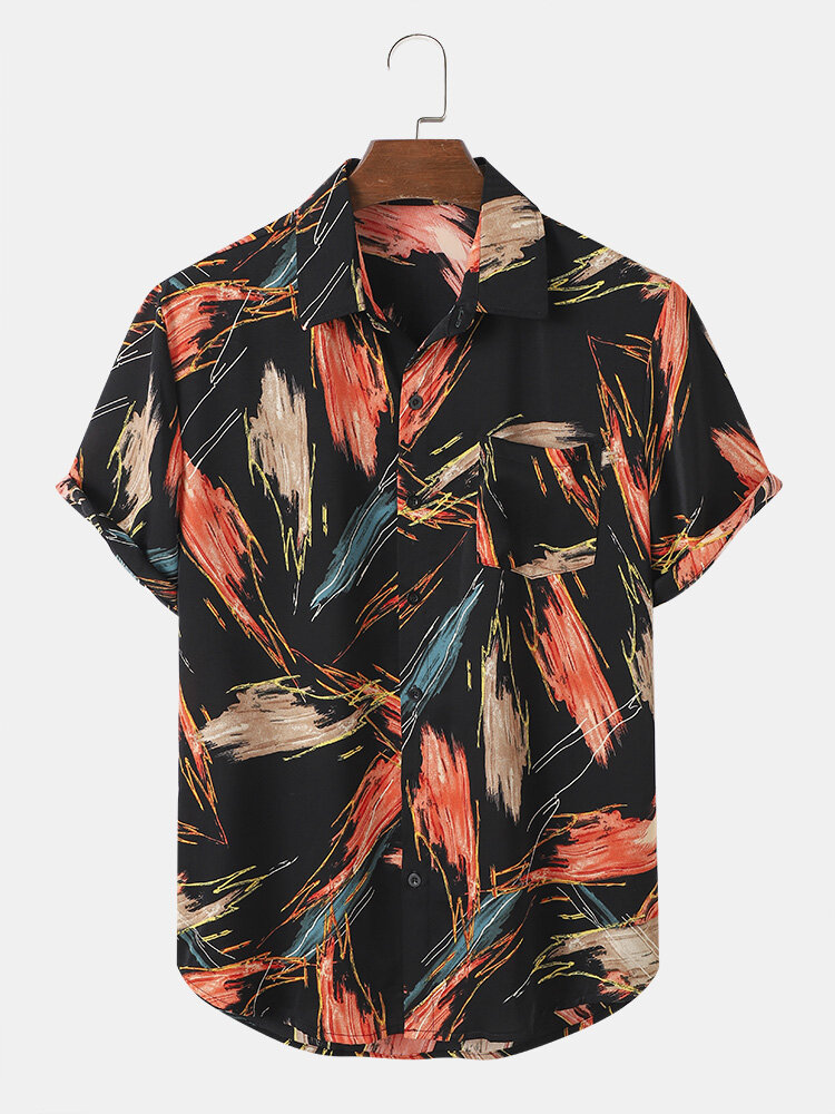 Mens All Over Brush Print Button Up Holiday Short Sleeve Shirts